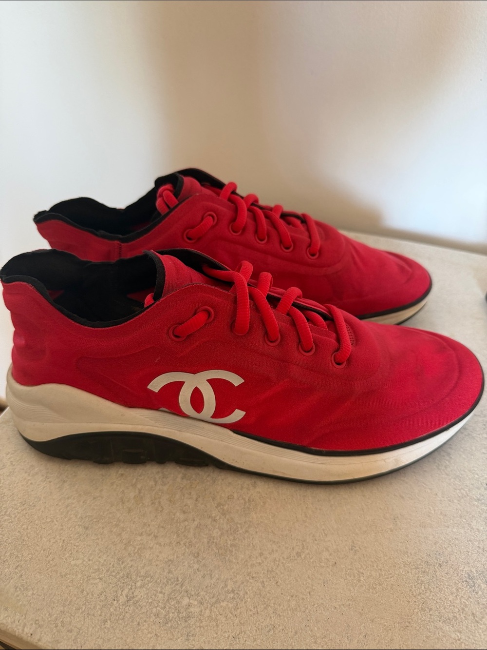 CHANEL Red and White Low-Top Sneakers